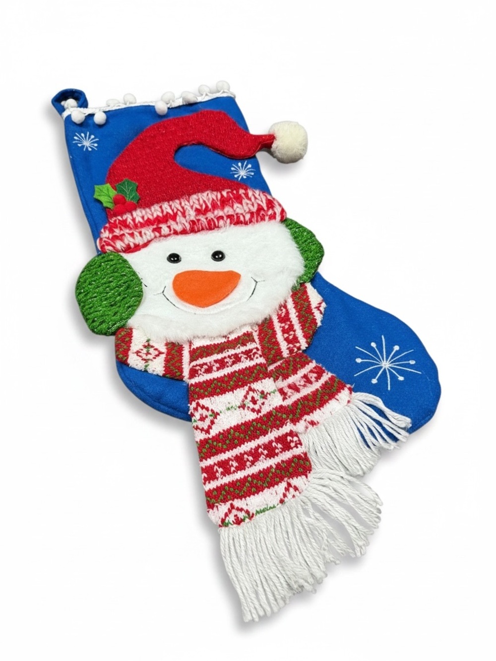 Holiday Time Blue Snowman Christmas Stocking with Red Hat and Green Accents